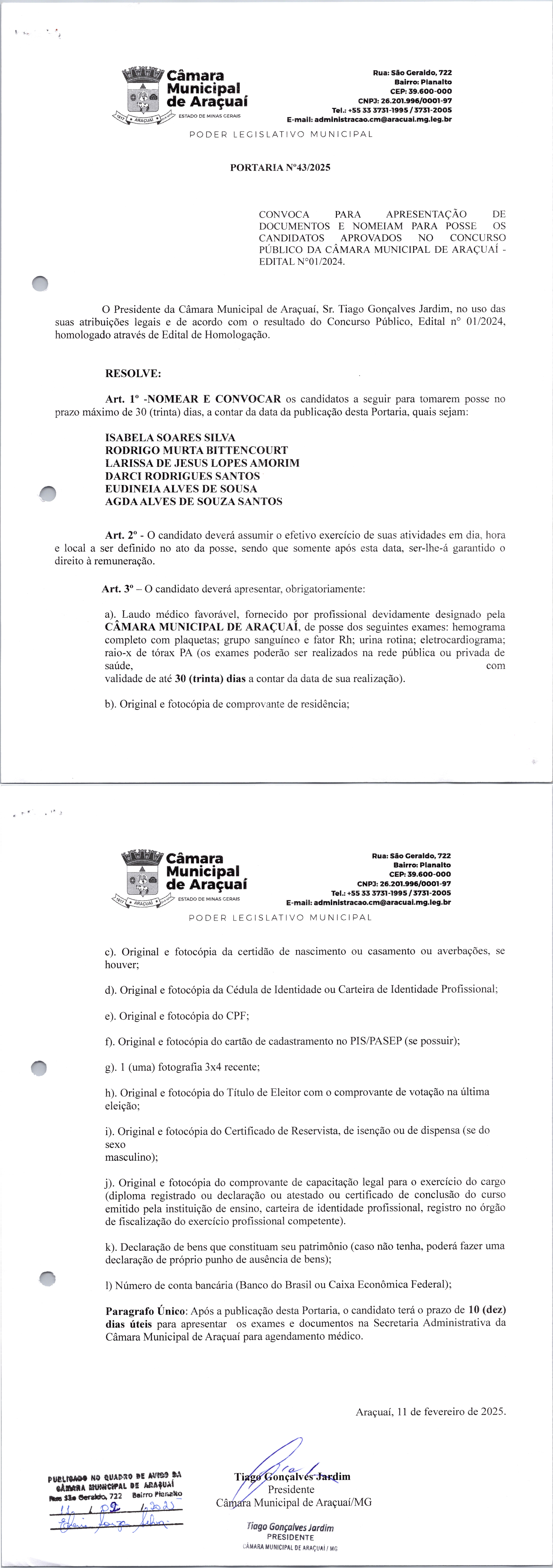 PORTARIA N°. 43 DE 11 DE FEVEREIRO DE 2025