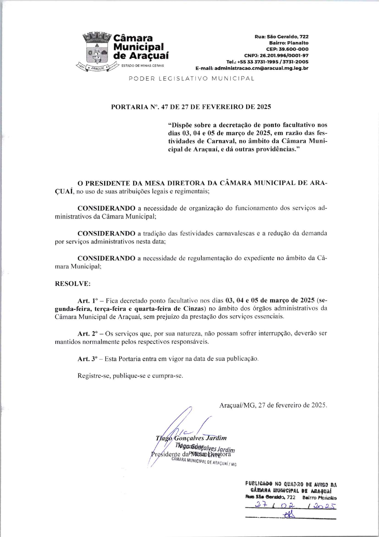 PORTARIA N°. 47 DE 27 DE FEVEREIRO DE 2025 